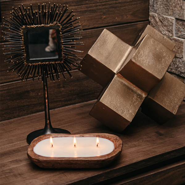 3-Wick Hand Carved Dough Bowl Decor Soy Candle